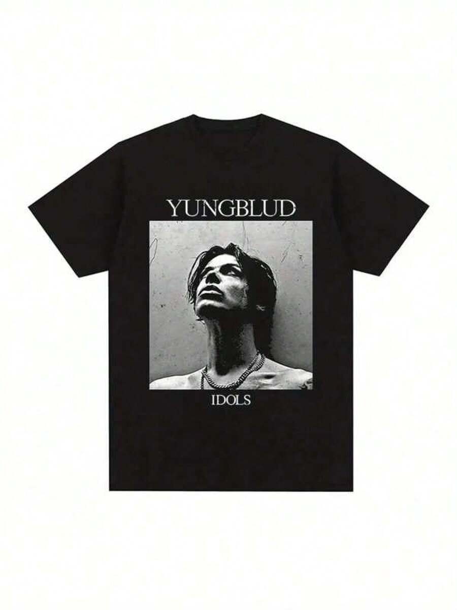 Mens Tshirts Yungblud Idios Black Square Graphic T-Shirt - Plus Size Casual Cotton T-Shirt For Men And Women, Black With White Text And Art, Short Sleeve, Round Neck, Comfort For All Seasons Men's Fashion Print Casual T-Shirt Casual Summer T-Shirt, Comfortable Outdoor Casual Wear - 黑色 - 查看 1