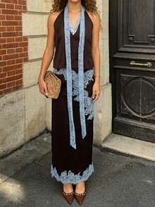 Women's Summer 2 Piece Satin Outfit Stylish Lace Patchwork Sleeveless Deep V Neck Satin Tops And Long Skirt Set - 咖啡棕 - 查看 5