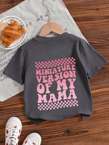 Young Girl Casual Graphic Print Crew Neck Short Sleeve T-Shirt, Summer Top - Dark Grey - View 4