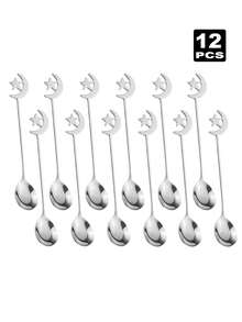 2/4/6/8/12pcs Stainless Steel Coffee Spoons, Moon & Star Shaped Dessert Spoons, Suitable For Afternoon Tea, Ramadan Gift - Silver - View 7
