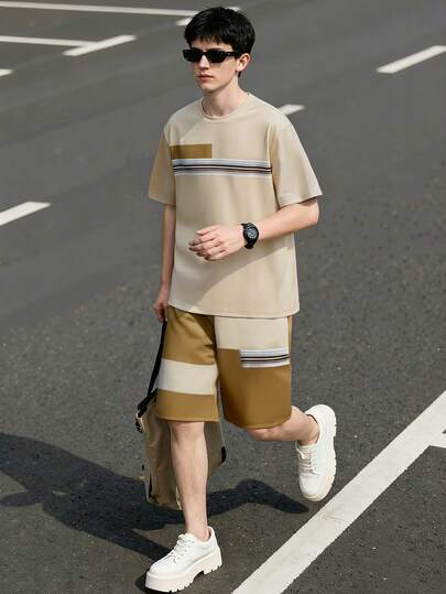 Teens' Khaki & Brown Color Block Striped Print Short Sleeve Top And Matching Shorts 2 Pieces Set, Casual Street Style Outfit For Daily, Campus, Weekend, Spring/Summer