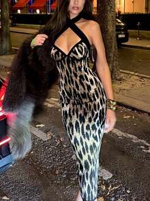 Vexica Women's Retro Sexy Leopard Print Halter Neck Bodycon Dress With Slit, Sleeveless Slim Fit Midi Dress For Night Out Party Date Night Going Out Daily. - Brown - View 8