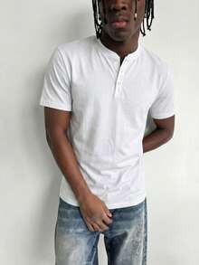 GRDR 1pc Men's Casual Henley Neck Short Sleeve T-Shirt, Summer - White - View 3