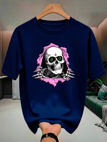 Skull Skeleton Streetwear T-Shirt, 100% Cotton, Men's And Women's Unisex Premium Shirt - 藏蓝色 - 查看 1