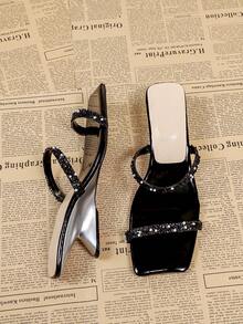 Women's Black Square Toe High Heel Slip-On Sandals, Casual Backless Mule Sandals - Black - View 5