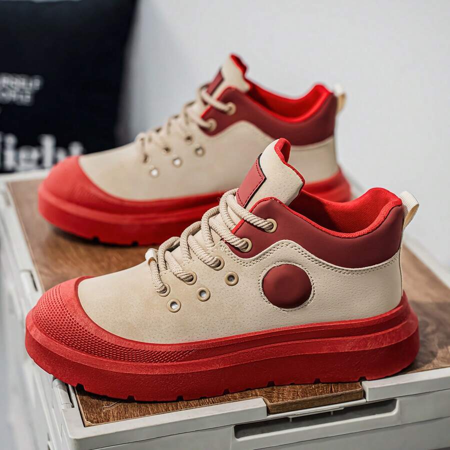 Men's Red & White Contrast High-Top Casual Shoes, Thick Sole Work Boots, Daily Commute Sneakers - Red - View 1