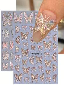 2片装5D蝴蝶浮雕美甲贴纸，金色渐变美人鱼全息复古蝴蝶DIY美甲贴花，Y2K全息滑动美甲装饰 - 彩色 - 查看 2