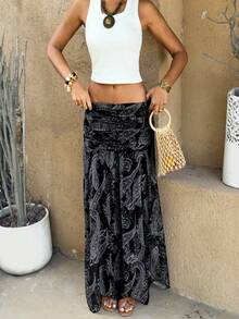 Vintage Cashew Flower Print Mesh Sheer Low Waist Draped Asymmetrical Hem Skirt Black Summer - Black - View 2