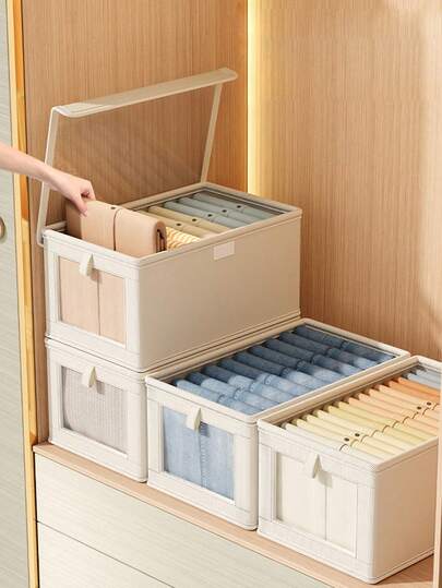 Upgraded Oxford Cloth Transparent Window Storage Box With Lid, Large Capacity Foldable Fabric Storage Container Suitable For Home, Wardrobe, Holiday Decoration, Room Decoration, Bedroom. Can Store Dresses, Pants, Shoes, Jeans, Boots, Skirts, Etc. Very Suitable For Bedroom Storage, Including White T-Shirts, Black Pants, Women's Winter Clothes And Dresses.