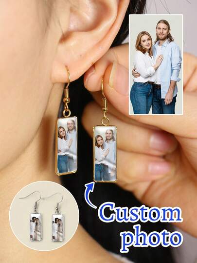 Custom Photo Drop Earrings, Personalized Picture Dangle Jewelry For Women, Customized Rectangular Crystal Ear Accessory As A Thoughtful Gift, Anniversary Or Birthday, Customizable Photo Earrings Designed To Celebrate Love, Memories, Couples, Family
