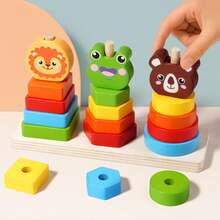 New Wooden Cartoon Animal & Geometric Shape Stacking Tower Montessori Educational Toy For Kids - Multicolor - View 11