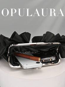 OpulAura 女士优雅迷人花瓣宴会手拿包，荷叶边设计，正式晚宴包，适合婚礼/度假/正式派对/盛会，配有链条肩带，花瓣形状随机 - 黑色 - 查看 3