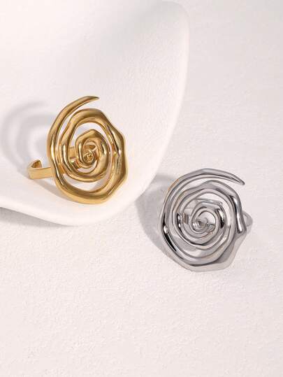 1pc Minimalist Unique Plated Stainless Steel Spiral Striped Geometric Open Ring, Suitable For Women's Daily, Party, And Date Wear