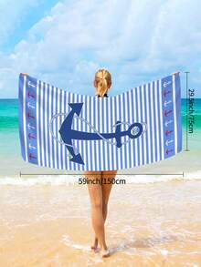 1pc Fashionable Simple Blue Striped Beach Towel, Anchor & Ocean Printed Beach Towel, Super Soft Quick Dry Beach Towel, Suitable For Travel, Camping, Swimming Pool, Yoga, Fitness, Shower, Beach Swimming Accessories, Beach Holiday Essential Gift (Single-Sided Floral Print, Multiple Colors Available) - Blue Stripes - View 12