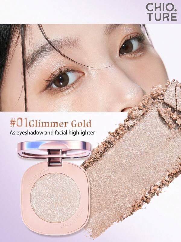 CHIOTURE Iluminador monocromático brillante con diamantes, ilumina y contornea el rostro, sombra de ojos en polvo de perla con acabado radiante, resalta delicadamente los ángulos internos y la línea de pestañas inferiores, ideal para principiantes en maquillaje