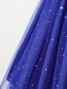 Girls Sequin Asymmetric Shoulder Lightweight Dress, Elegant Tulle Bow Princess Dress Suitable For Birthday Party - Blue - View 6