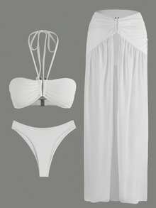 Bộ bikini 3 mảnh màu trắng thời trang năm 2026, gồm áo maxi xẻ tà xuyên thấu, bộ đồ bơi mùa hè gợi cảm cho các bữa tiệc bãi biển, hồ bơi và khu nghỉ dưỡng. - trắng - Xem 5