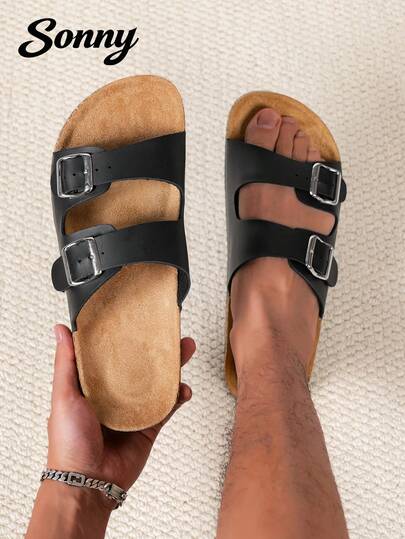 Wygodne męskie kapcie retro z odkrytymi palcami – oddychające, antypoślizgowe, z wytrzymałą podeszwą z PVC, z regulowaną podwójną klamrą, wygodne buty do chodzenia – odpowiednie do użytku wewnątrz i na zewnątrz