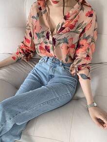 Camisa de mujer Camisa de manga larga con protección solar para mujer, con diseño vanguardista, holgada y elegante, con estampado floral en gasa. - Rosa - Ver 4