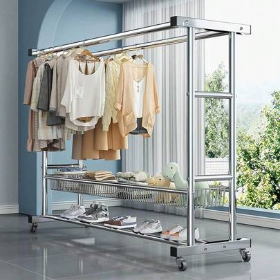 [Heavy Duty Garment Rack] Heavy Duty Commercial Garment Rack | Portable Rolling Clothes Rack With Wheels, Load 620LBS, Floor-To-Ceiling Bedroom Storage, Double Pole Balcony Drying Rack