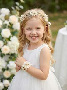 2件套米色网纱玫瑰花冠+花朵手链套装，适合女孩和女士，可用于婚礼、新娘、派对、拍照道具、周年纪念、情人节礼物、亲子装。 - 米色 - 查看 2