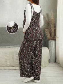 Adjustable Strap Ditsy Floral Maternity Jumpsuit - Black - View 2