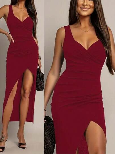Women's Long Imported Dress With Straps, Wrap-Around Neckline, And Asymmetrical Front Detail., 31125