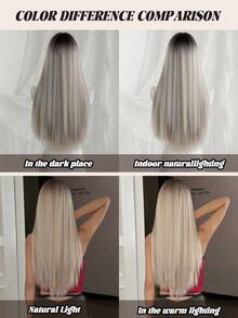 NAMM 24 Inch Long Straight White Blonde Wig For Women Mixed Brown Highlight, Gorgeous Fluffy Synthetic Wig With Bangs-Dark Roots Natural Appearance Very Soft Synthetic Heat Resistant Fiber Hair, Beautiful Full Machine Hair Wig Suitable For Fashion Girls Daily,Anime Or Costume Cosplay Decoration,Music Festival Dance Party Street Wear Use - White Highlight - View 8