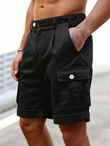 Men's Black Pleated Cargo Shorts, Button Waist Cuffed Multi-Pocket Streetwear - Black - View 3