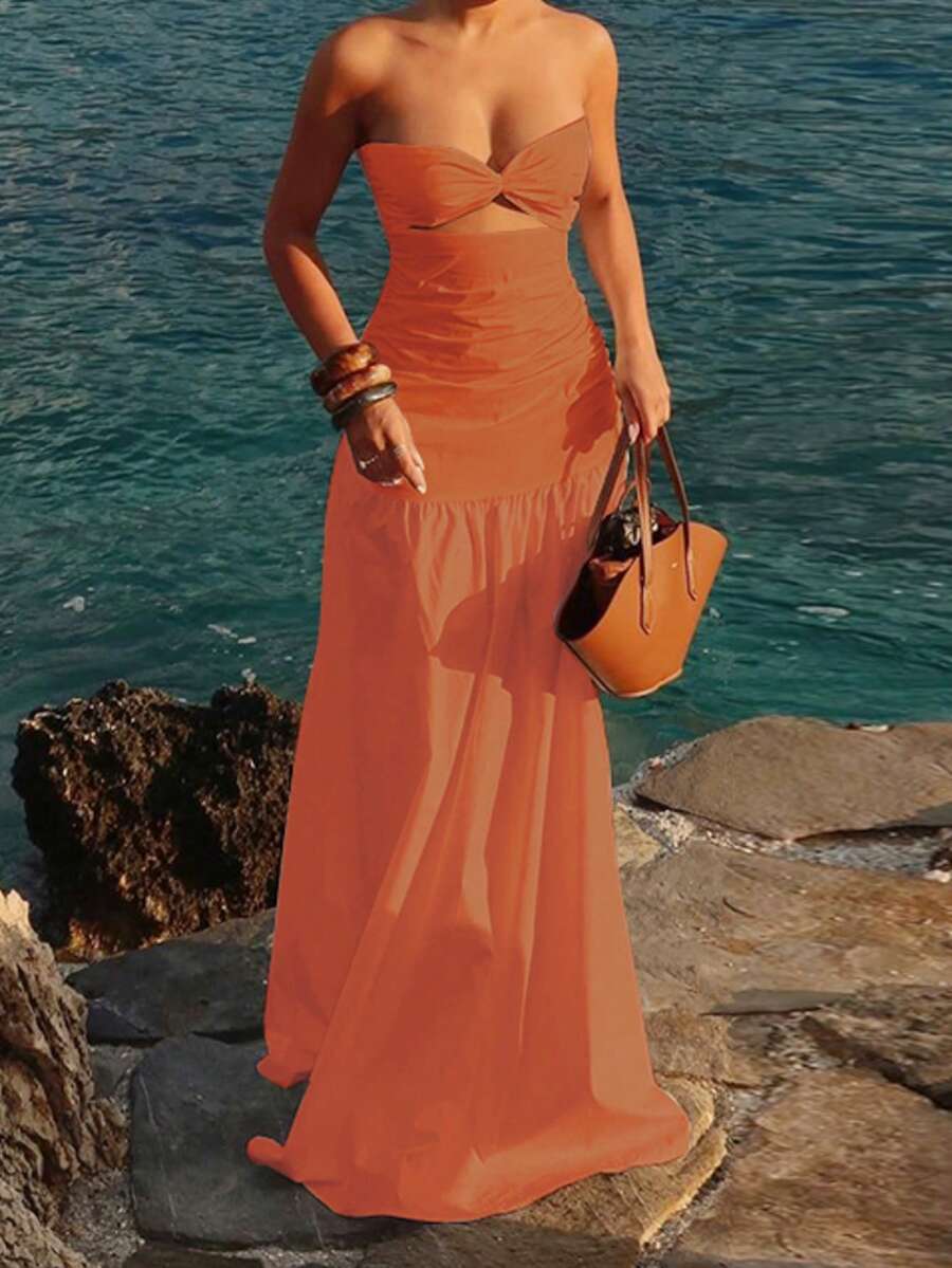 Vestido de vacaciones elegante de línea A sin tirantes y calado, casual y sexy para primavera/verano