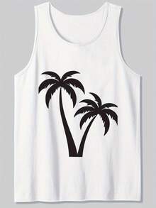 Men's Lightweight Breathable Sleeveless Tank Top - Relaxed Fit Beach Shirt With Black Palm Tree Graphic, White T-Shirt For Gym, Vacation, Everyday Casual - Machine Washable Men's Clothing, Vacation Apparel, Round Neckline, Medium Stretch Fabric Minimalist, Modern, And Made For Versatility. This Sleeveless Tank Top Is The Ultimate Building Block For Countless Outfits-Durable, Easy To Care For, And Designed To Last, It's A Smart Investment For Any Wardrobe. Grab Yours Today And Experience Effortless Style At Its Best! - 白色 - 查看 1