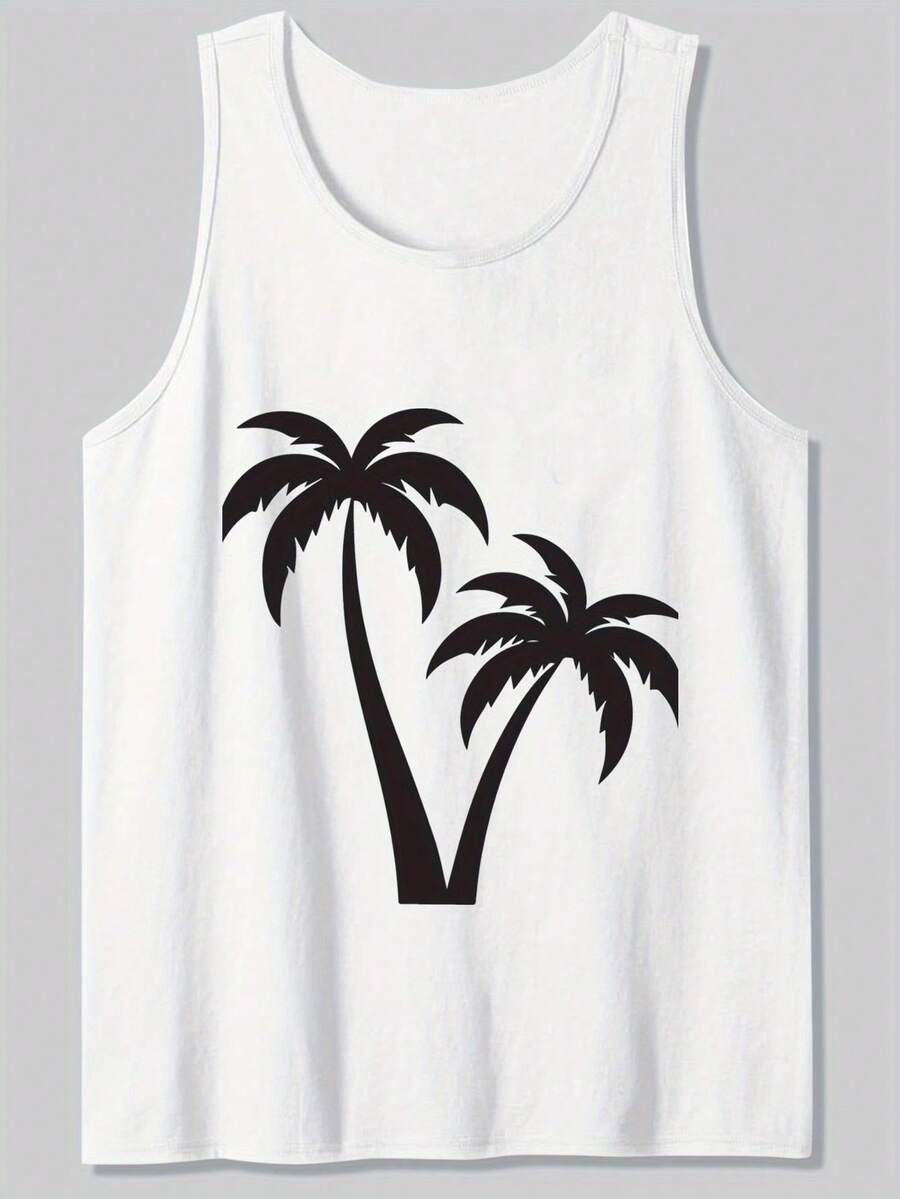 Men's Lightweight Breathable Sleeveless Tank Top - Relaxed Fit Beach Shirt With Black Palm Tree Graphic, White T-Shirt For Gym, Vacation, Everyday Casual - Machine Washable Men's Clothing, Vacation Apparel, Round Neckline, Medium Stretch Fabric Minimalist, Modern, And Made For Versatility. This Sleeveless Tank Top Is The Ultimate Building Block For Countless Outfits-Durable, Easy To Care For, And Designed To Last, It's A Smart Investment For Any Wardrobe. Grab Yours Today And Experience Effortless Style At Its Best! - 白色 - 查看 1