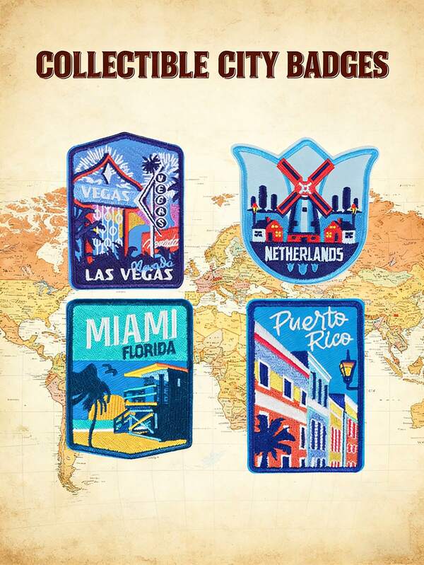 4 piezas Parches bordados con diseño de viaje, parches conmemorativos de país/ciudad, parches para planchar o coser, adecuados para ropa, chaquetas, bolsos, sombreros, uso diario, regalos decorativos creativos, ideales para personalizar recuerdos de viaje y decorar portapassaportes