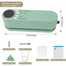 1台多功能自动食品真空封口机，无线充电式，高效双色真空封口机，带数字显示屏，可密封零食袋，外部吸气和充气，多种食品保鲜功能，延长保鲜期，小巧易用，是餐厅、厨房、户外野餐、健身器材保鲜、家庭厨师和厨房爱好者的理想之选。 - 彩色 - 查看 15