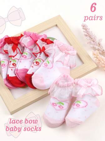 6 Pairs Sweet Heart Cherry Floral Lace Bow Princess Socks, High Elasticity Non-Binding Baby Girl Socks, Skin-Friendly Comfortable Infant/Toddler Socks; Adorable Newborn Socks, Popular