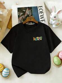 Young Girl Easter Limited Edition Cartoon Egg Double-Sided Print Short Sleeve T-Shirt, Casual Crew Neck Children Clothing - Black - View 2