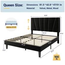 Allewie Full/Queen/King Size Bed Frame With Adjustable Velvet Upholstered Headboard, Rivet-Style Nailhead Trim Detail Platform Bed Frame, Wooden Slat Support, No Box Spring Needed, Easy Assembly, Black - màu đen - Xem 9