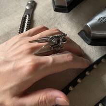 朋克风长角龙戒指，酷炫神话龙形戒指，派对饰品配饰 - 復古銀色 - 查看 2