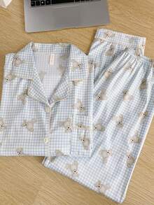 2 pièces Ensemble de pyjama pour femme, motif ours bleu, pantalon à simple boutonnage, manches longues, ample, vêtement de nuit et d'intérieur convenant pour un usage domestique. Ensemble de pyjamas femme à manches longues, adapté pour le printemps et l'automne. - Bleu et Blanc - Voir 2