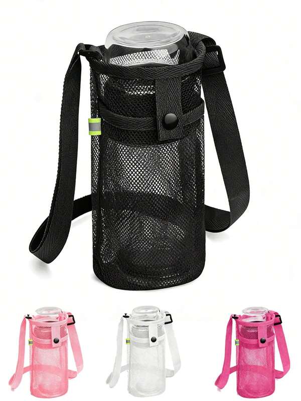 Bolsa de malla portátil con correa ajustable para el hombro, bolsa portabotella de agua de malla, funda portabotella de nailon ligera y duradera, para llevar cruzado, en la mano o en un hombro. Para teléfonos móviles, tarjetas, llaves y vasos de agua, para deportes, gimnasio, senderismo, camping, caminata, viajes, actividades al aire libre, pasear al perro, correr