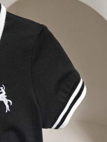 男婴夏季休闲时尚条纹Polo领短袖上衣+百搭短裤套装（2件套），适合日常、运动、通勤、上学等场合。 - 黑色 - 查看 5