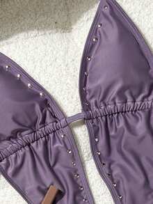 Bộ đồ bơi liền thân màu tím quyến rũ, cổ chữ V sâu có thể điều chỉnh, trang trí đinh tán, hoàn hảo cho kỳ nghỉ lãng mạn trên bãi biển và tiệc bể bơi vào ngày Valentine. - Màu tím - Xem 8