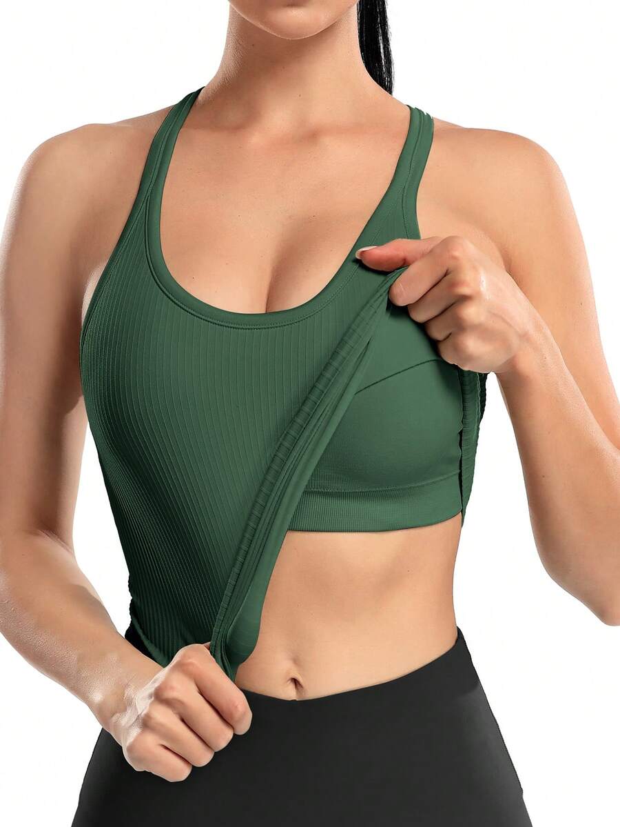 1pc Women's Solid Color Ribbed Padded Sports Bra Camisole Top For Daily Workout - Dark Green - View 1