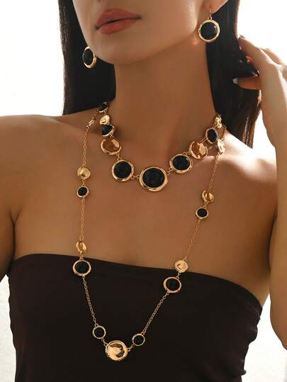 3件套时尚几何不对称圆形金属镶嵌黑色亚克力吊坠项链套装，含链条和流苏耳环，适合日常佩戴和派对场合。