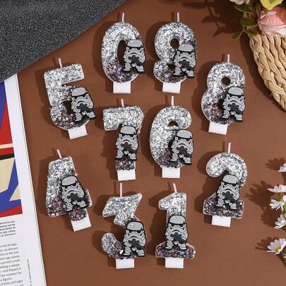 行星主题生日蜡烛，精致0-9数字蜡烛，闪亮卡通生日蜡烛，灰色士兵，周年纪念派对蜡烛，派对装饰小礼物