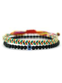 2件套编织绳手链 邪眼吊坠手链 波西米亚风石珠手链配饰首饰 - 彩色 - 查看 13