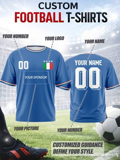 2026 New Plus Size Men's Football T-Shirt, Customizable With Your Name, Number, Logo, Team Badge Or Sponsor, Made Of Breathable Quick-Dry Material, Suitable For Team Matches, Training, Sports, Casual Wear, Cheering, Gifts For Spring/Summer Sports Season