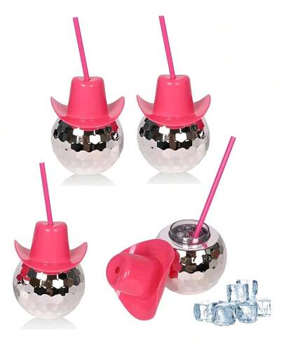 HappyWare 4 Vasos Esfera Bola Disco Ball Con Popote Y Sombrero Fiesta Color Plateado- Despedidas de soltera , Fiesta de graduación ,Vasos para fiesta , Vasos con popote