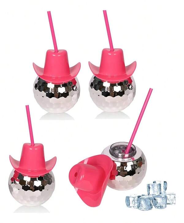 HappyWare 4 Vasos Esfera Bola Disco Ball Con Popote Y Sombrero Fiesta Color Plateado- Despedidas de soltera , Fiesta de graduación ,Vasos para fiesta , Vasos con popote