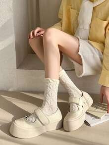 5双装白色蕾丝边时尚百搭中筒袜（女士款） - 彩色 - 查看 5